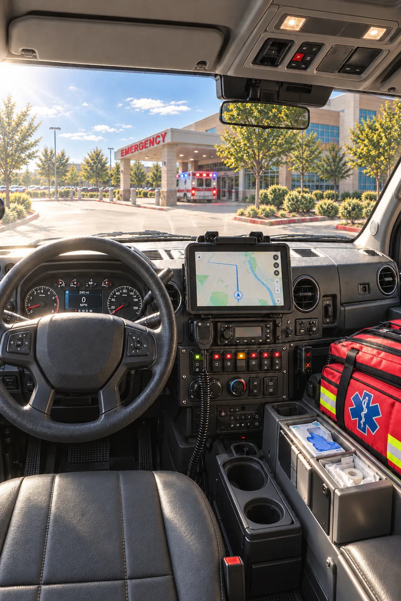 Generated ambulance cockpit illustration with readable undistorted displays and persistent reflected glare through Non-Polarized lenses