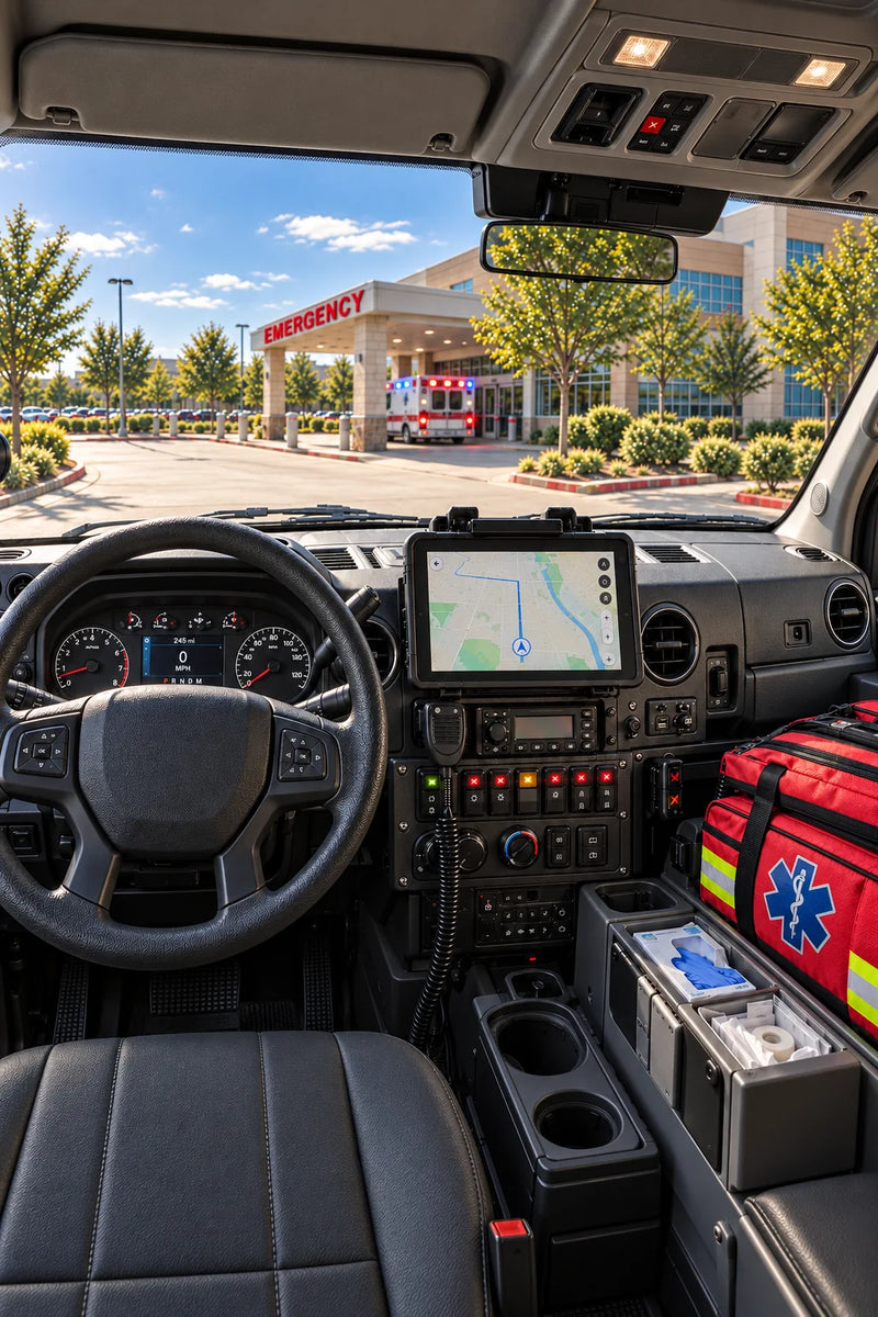 Generated ambulance cockpit illustration with readable compatible displays and reduced glare through Perfect Polarized lenses