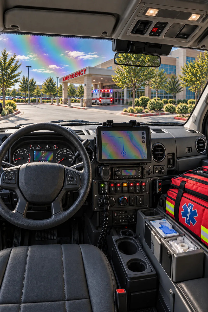Generated ambulance cockpit illustration with dimmed displays and rainbow interference on screens and treated windshield through Standard Polarized lenses