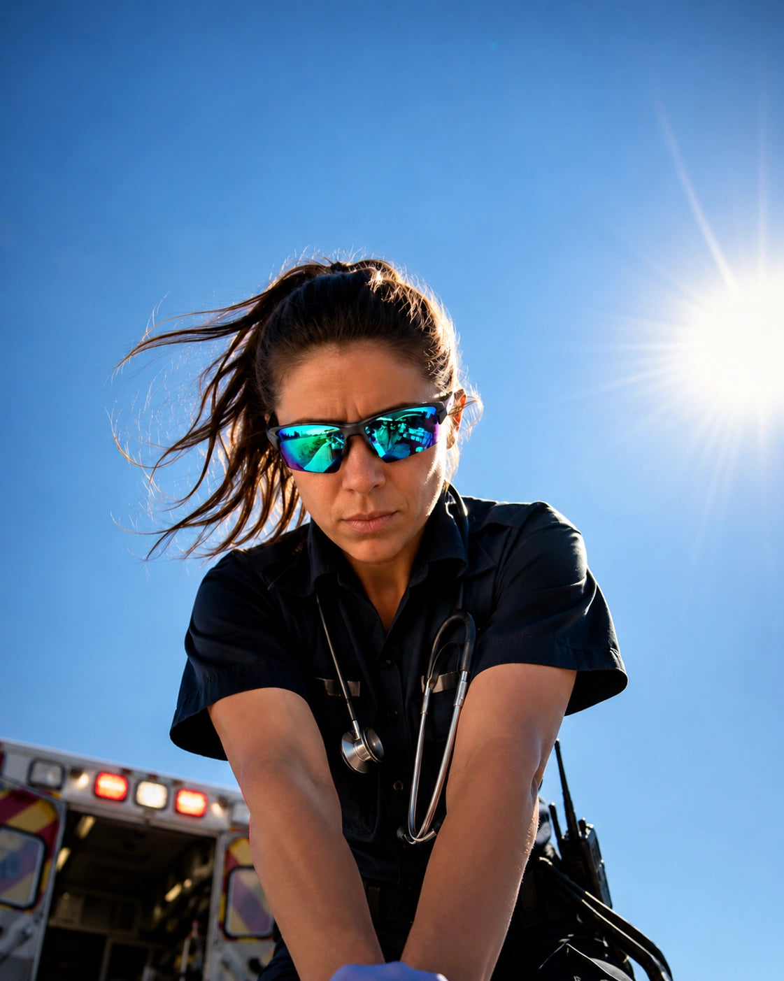 EMT wearing Camber sunglasses with blue mirrored lenses beside an ambulance
