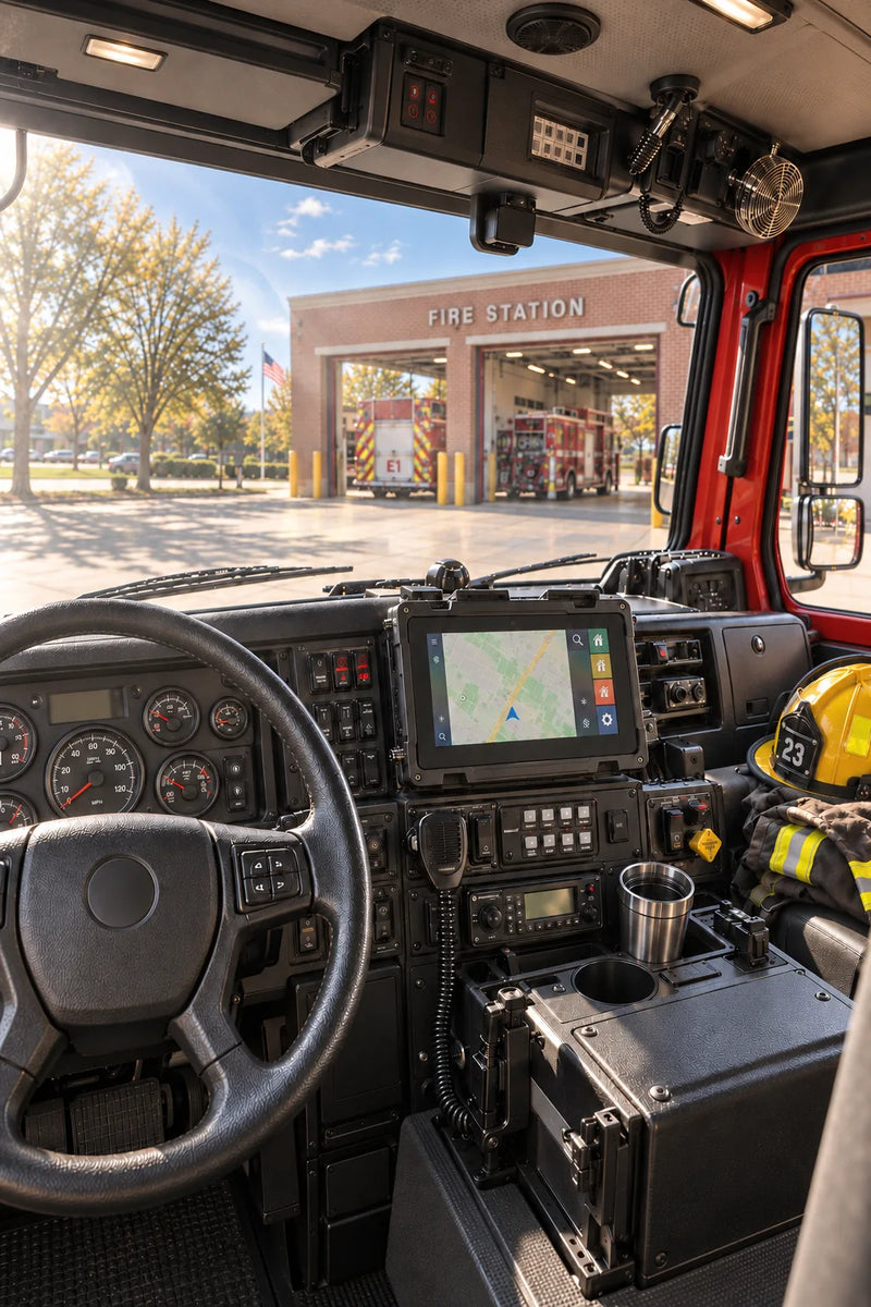 Generated fire engine illustration with a visible navigation display and reflected glare through Non-Polarized lenses