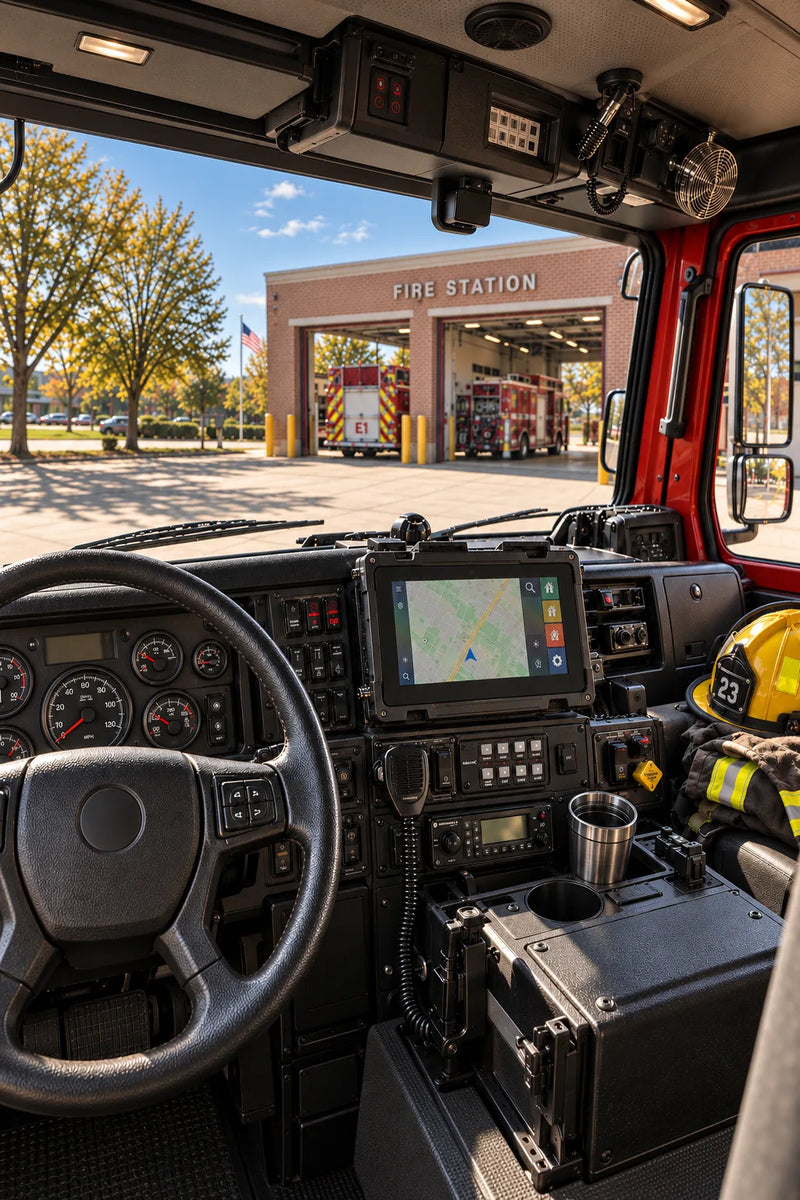 Generated fire engine illustration with a readable navigation display and reduced glare through Perfect Polarized lenses