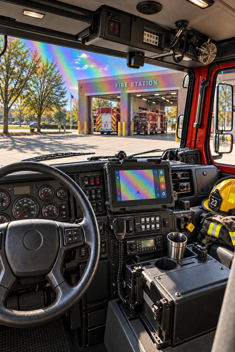 Generated fire engine illustration with dimmed navigation display and rainbow interference on screens and windshield through Standard Polarized lenses
