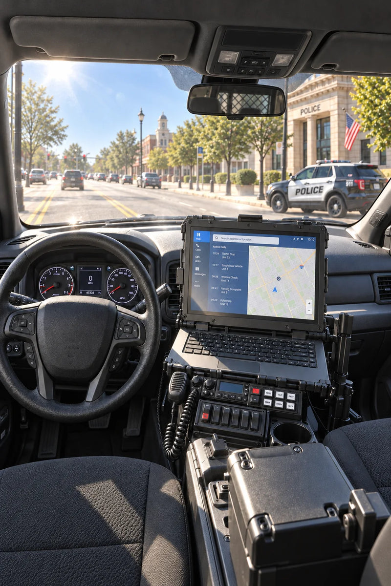 Generated police SUV cockpit illustration with readable undistorted displays and persistent reflected glare through Non-Polarized lenses