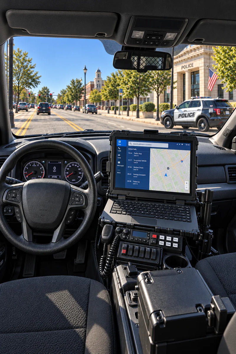Generated police SUV cockpit illustration with readable compatible displays and reduced glare through Perfect Polarized lenses