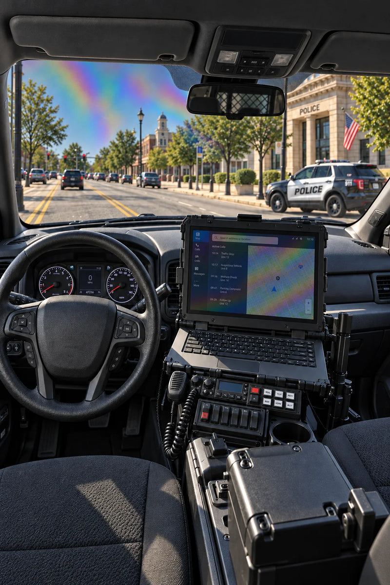 Generated police SUV cockpit illustration with dimmed displays and rainbow interference on screens and treated windshield through Standard Polarized lenses