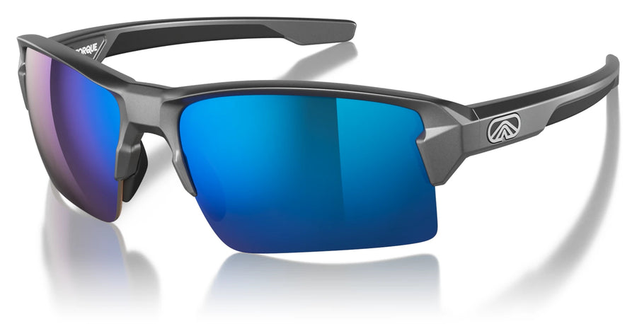 Camber graphite frame with Tahoe Blue Mirror lenses, three-quarter view.