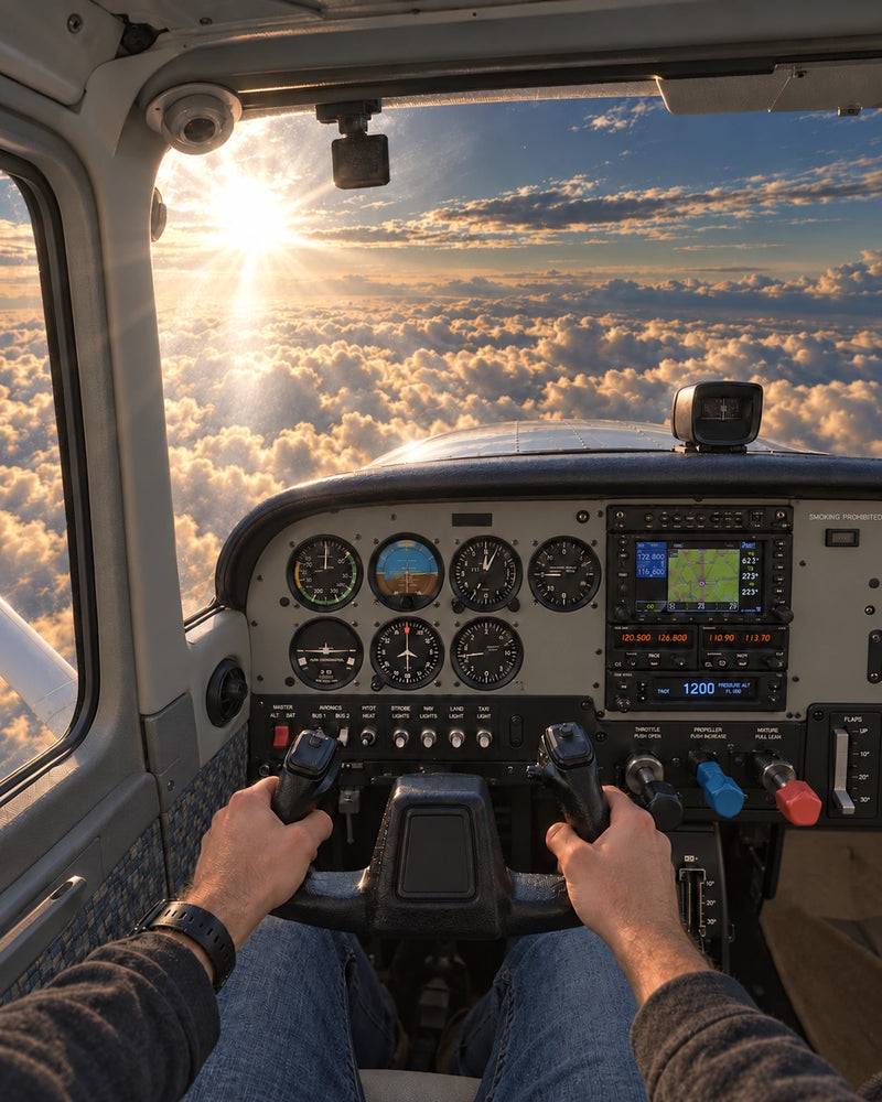 Illustrated classic cockpit view through neutral-tinted non-polarized sunglasses, with persistent glare and visible displays.
