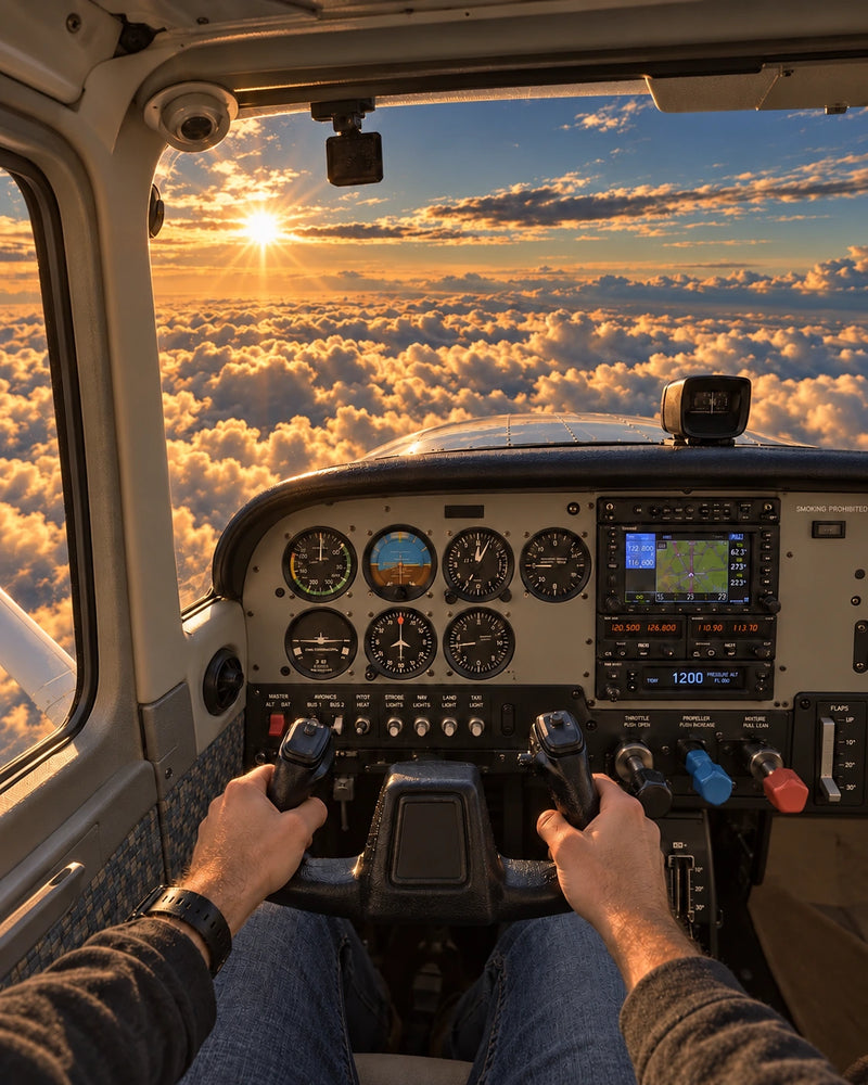 Illustrated classic cockpit with analog instruments through Torque Perfect Polarized lenses.