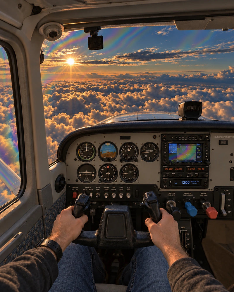 Illustrated classic cockpit comparison with soft rainbow bands in the sunlit windscreen and GPS display.