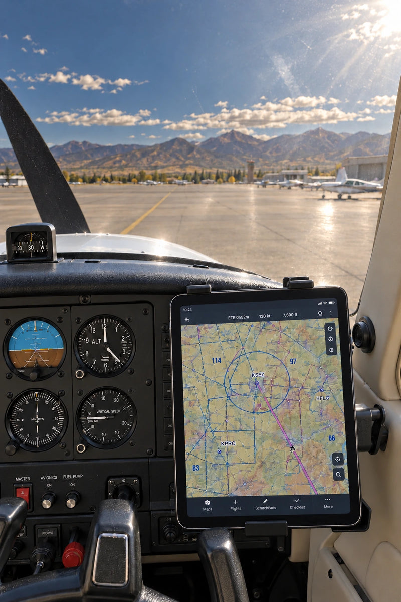 Illustrated tablet / EFB view through neutral-tinted non-polarized sunglasses, with persistent glare and visible displays.