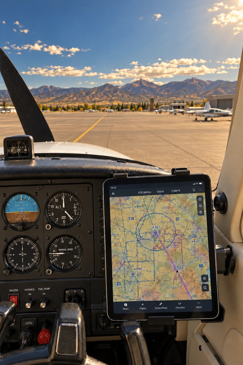 Illustrated cockpit tablet and electronic flight bag through Torque Perfect Polarized lenses.