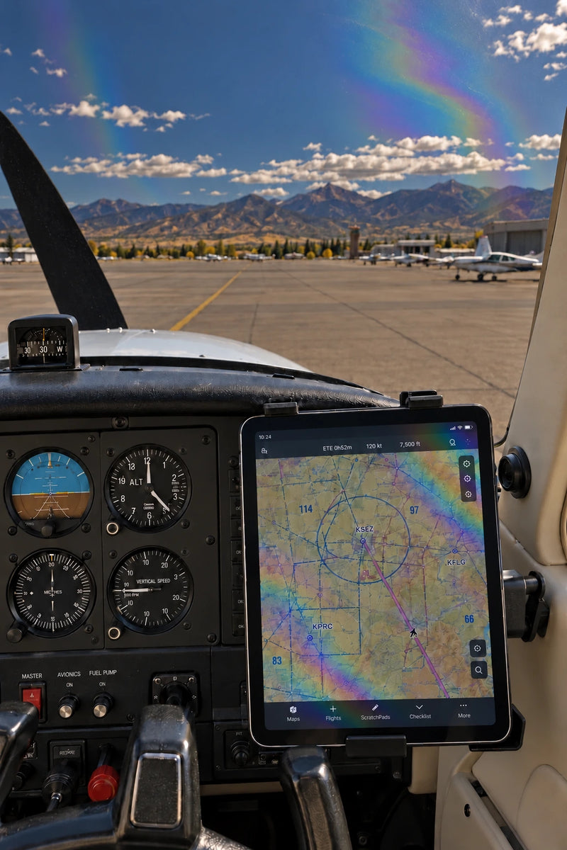 Illustrated tablet / EFB comparison with soft rainbow bands following the tablet screen and sunlit windscreen.