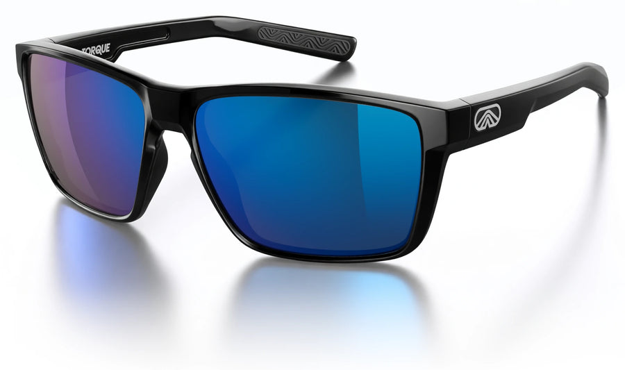 Fulcrum black gloss frame with Tahoe Blue Mirror lenses, three-quarter view.