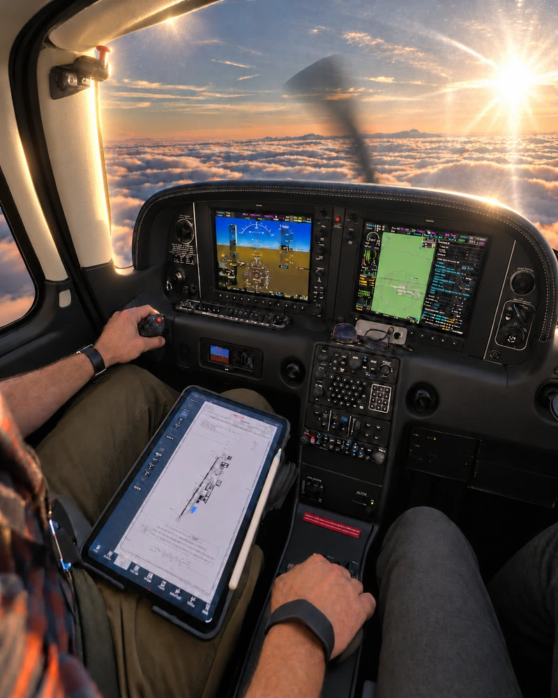 Illustrated modern cockpit view through neutral-tinted non-polarized sunglasses, with persistent glare and visible displays.