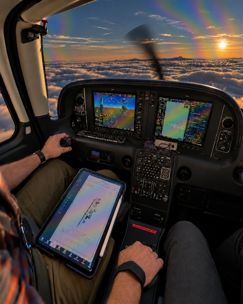 Illustrated modern cockpit comparison with soft rainbow bands following the curved windscreen and digital-display surfaces.