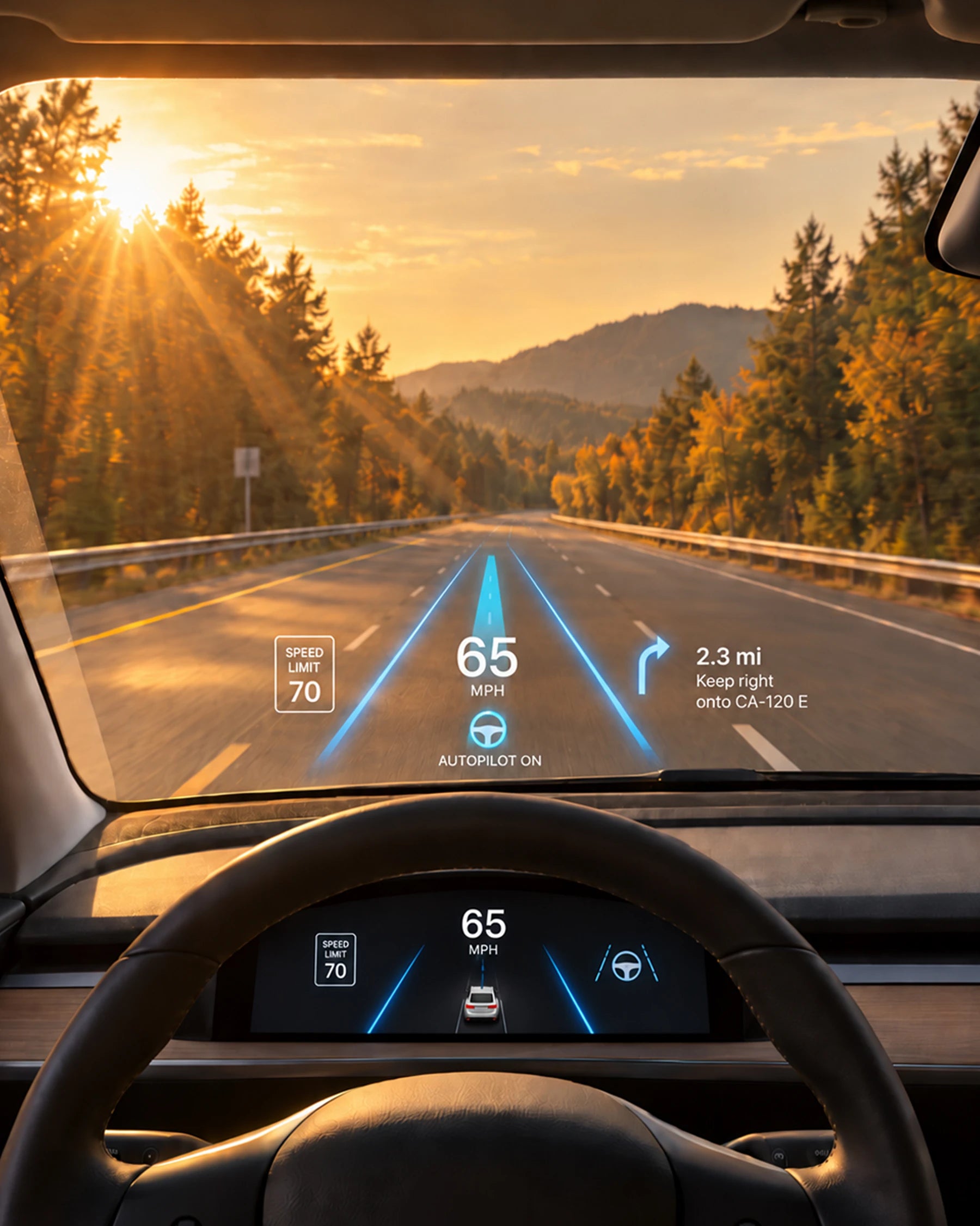 Same driving illustration: readable head-up display and dashboard through Perfect Polarized lenses
