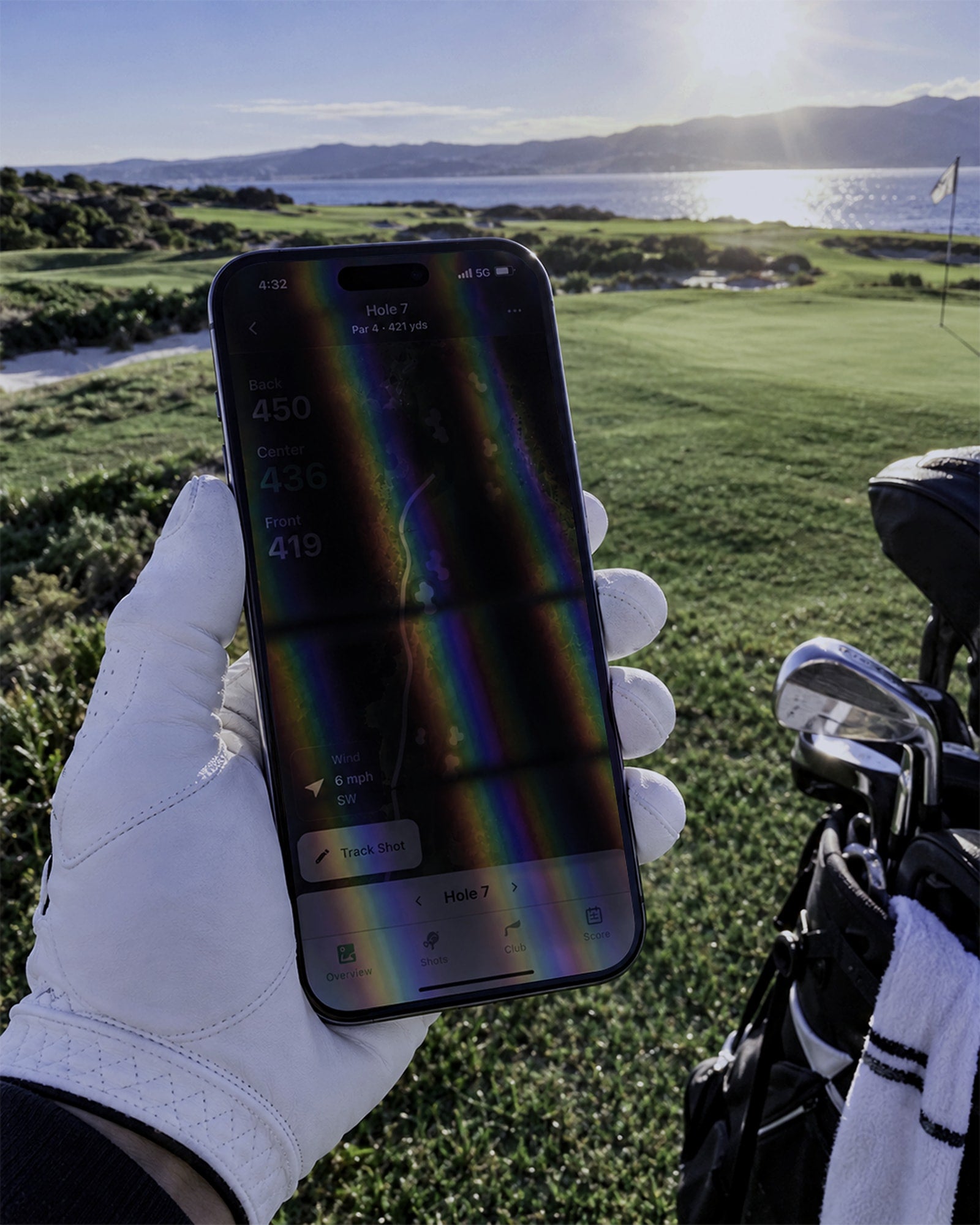 Golf GPS screen dimmed and rainbowed through standard polarized lenses