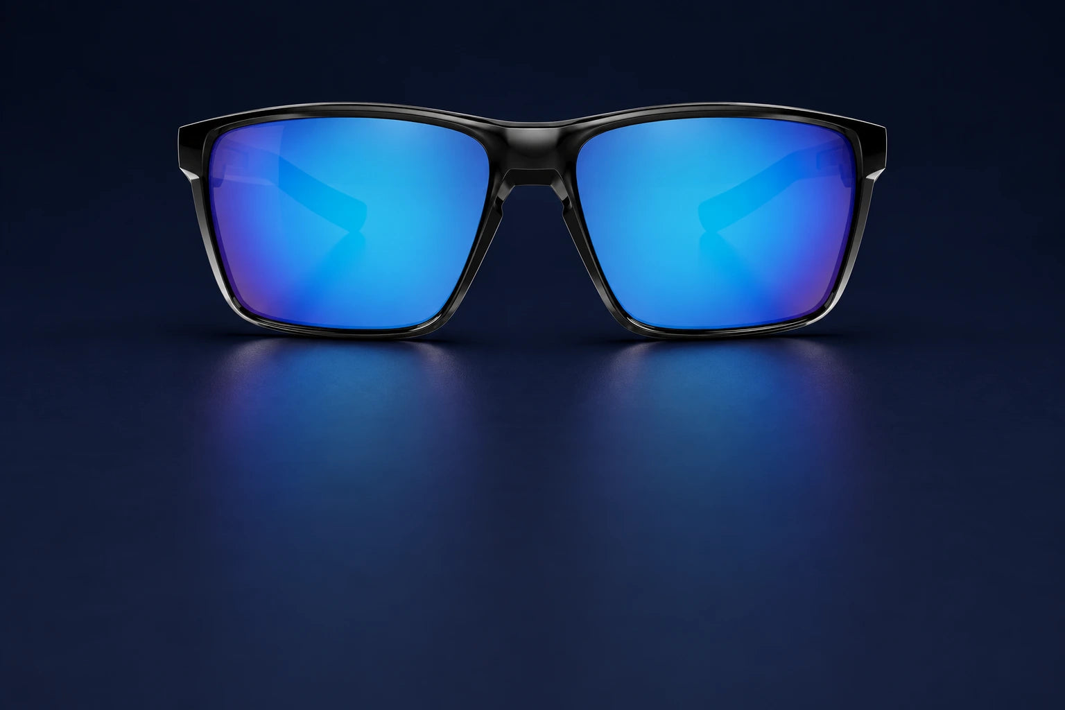 Front view of gloss black Fulcrum sunglasses with vivid blue mirrored lenses on midnight navy