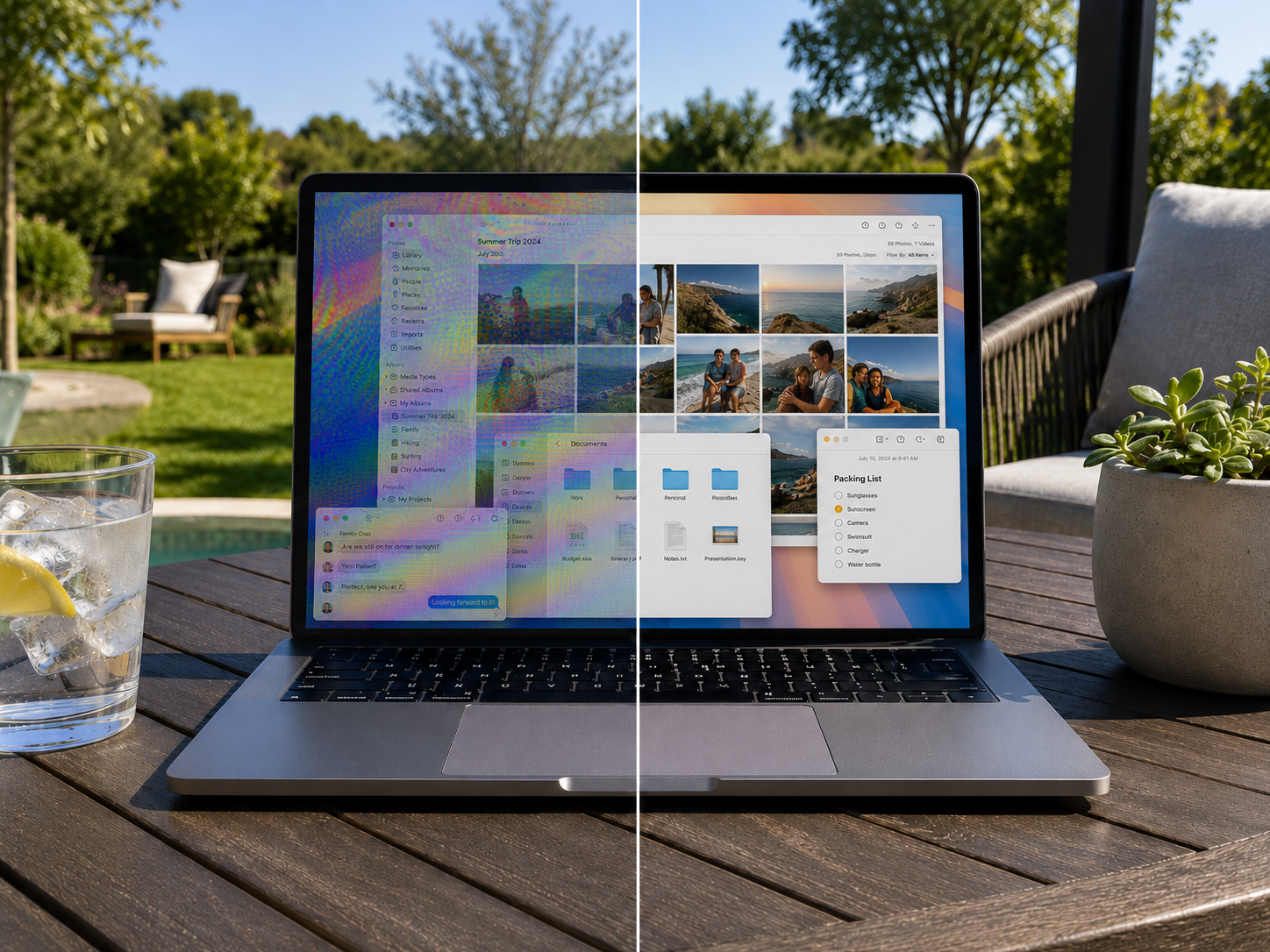 Split view of a laptop desktop: dim and rainbowed through standard polarized lenses on the left, clear through Perfect Polarized lenses on the right.