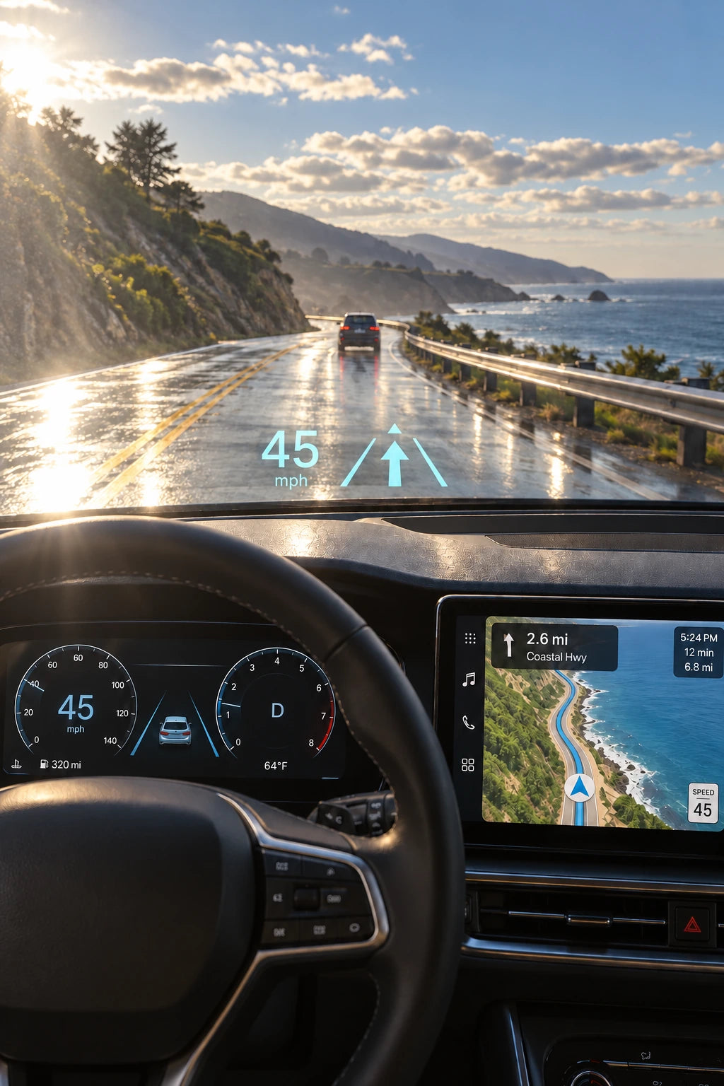 Illustration of the same coastal drive through Non-Polarized lenses: more reflected glare with the navigation screen and HUD visible