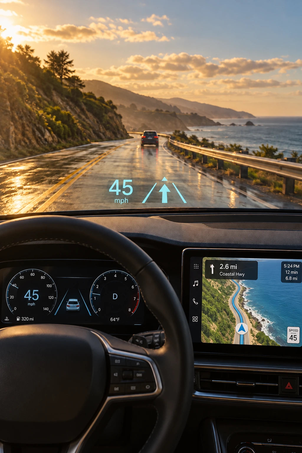 Illustration of a coastal drive with reduced glare and visible navigation screen and HUD through Perfect Polarized™ lenses