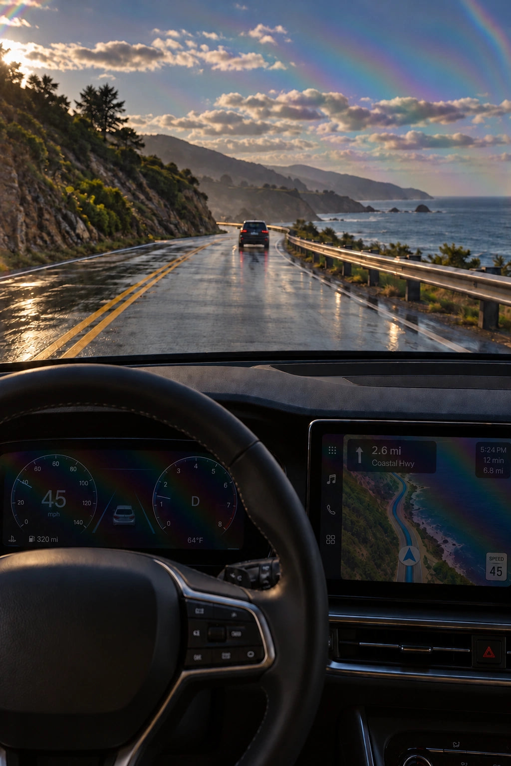 Illustration of the same coastal drive through standard polarized lenses: reduced glare, dark screens and no visible HUD