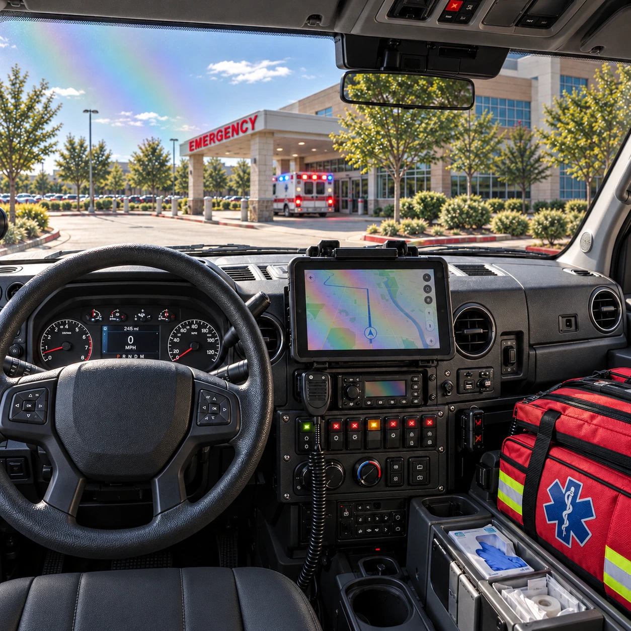 Generated ambulance cockpit illustration with rainbow patterns on treated glass and a dim digital display through standard polarized lenses