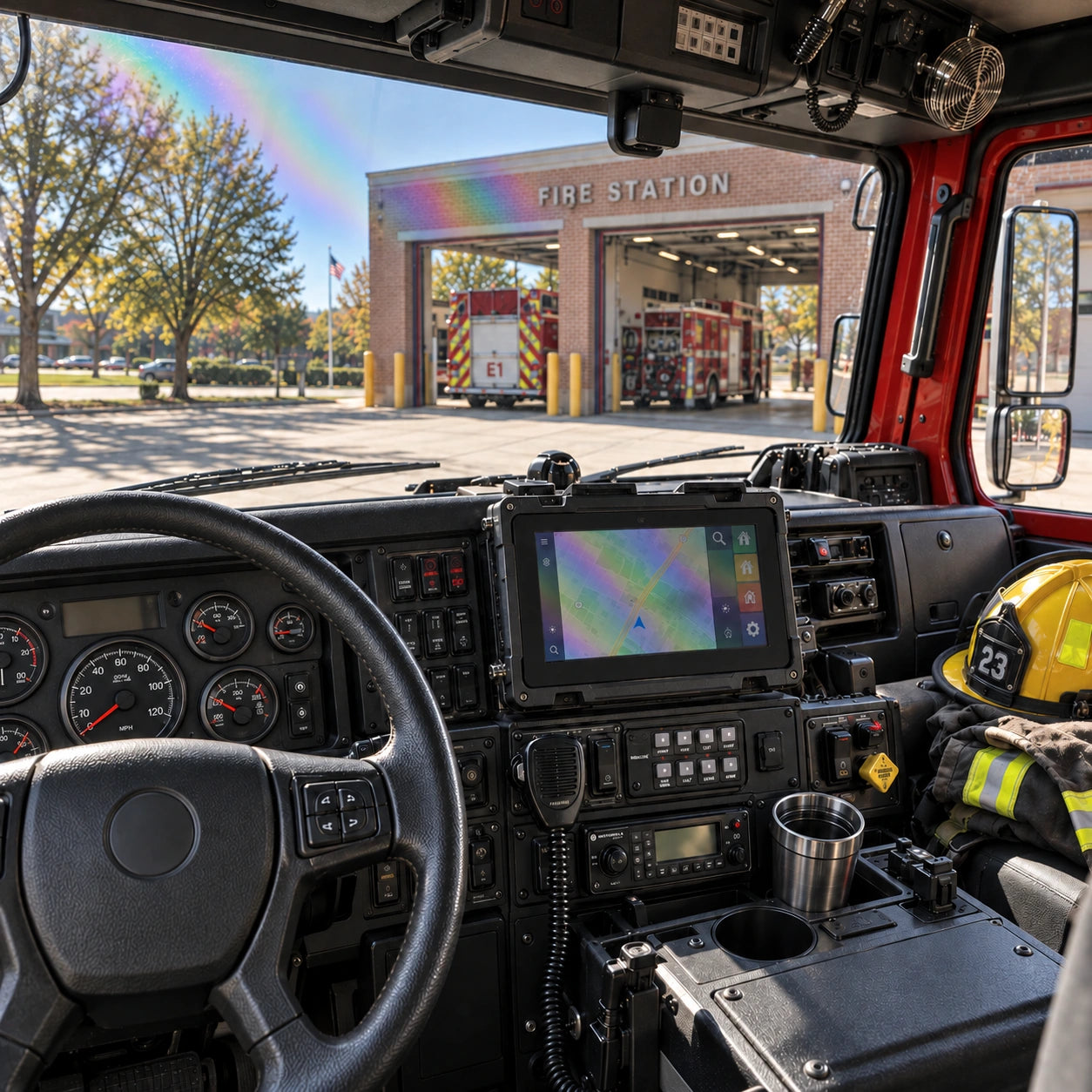Generated fire engine cockpit illustration with rainbow patterns on treated glass and a dim digital display through standard polarized lenses