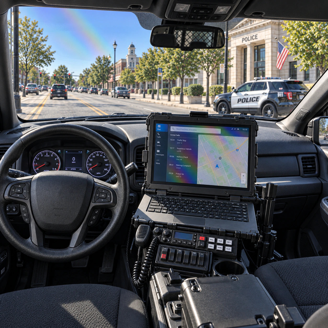 Generated police car cockpit illustration with rainbow patterns on treated glass and a dim digital display through standard polarized lenses